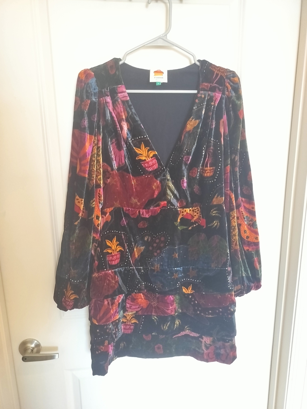 FARM Rio Velvet Patchwork V-Neck Mini Dress in Black and Multicolor